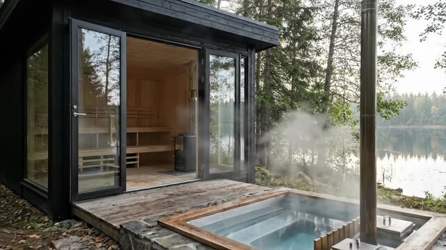 Contemporary black wooden sauna cabin with an outdoor wood-fired hot tub emitting steam, providing a tranquil wellness retreat experience by the serene forest lake