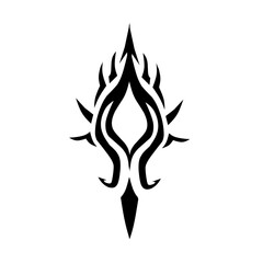 A striking black tribal tattoo design featuring a symmetric, flowing flame-like shape with sharp points and organic curves, suggesting power and mystique.