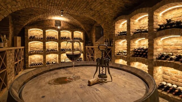 Traditional underground wine cellar featuring brick arches and illuminated racks of aging wine bottles, with a tasting area including a wooden barrel, red wine glass, and corkscrew