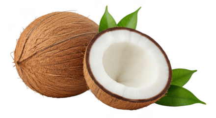 Coconuts with green leaves on transparent background, fresh tropical fruit