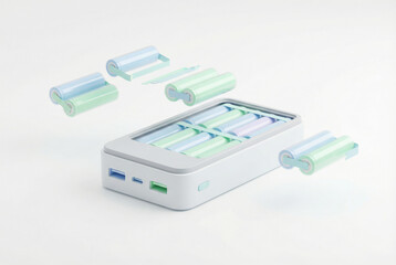 Fototapeta premium Battery charger with pastel batteries on white background