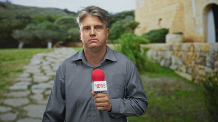 Man reporter holding news microphone in steady hand on a cobblestone path beside a stone building,...