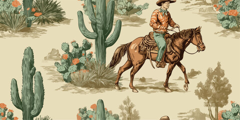 Vintage western vector repeating pattern with a cowboy riding a horse among desert flowers and cactus plants for design, home decor, and authentic branding © Eli Berr