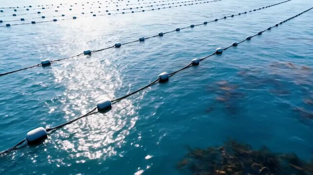 Seaweed aquaculture farm showing rows of buoys floating on the blue ocean surface, with kelp growing beneath, highlighting sustainable marine farming practices