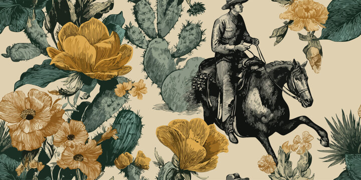 Vintage western vector repeating pattern with a cowboy riding a horse among desert flowers and cactus plants for design, home decor, and authentic branding