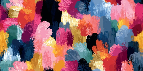 Energetic abstract vector pattern composed of short, vertical, textured brushstrokes in bright pink, blue, gold, and red for design, contemporary apparel, and artistic branding