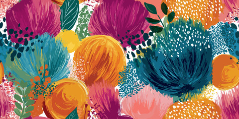 Naklejka na ściany i meble Rich abstract floral vector pattern with layered brushstrokes and white speckles in deep teal, dark gold, and vibrant pink for design, high-end fabrics, and unique home decor.