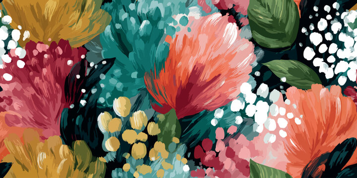 Dramatic abstract floral vector pattern with layered brushstrokes in deep teal, rich red, orange, and yellow for design, bold art prints, and high-impact packaging