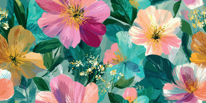 Vibrant vector floral repeating pattern of hand-painted flowers in pink, teal, peach, and yellow for design, statement fabrics, home decor, and fashion branding