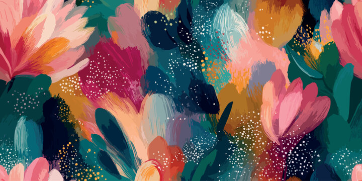 Rich abstract floral vector pattern with layered brushstrokes and white speckles in deep teal, dark gold, and vibrant pink for design, high-end fabrics, and unique home decor.