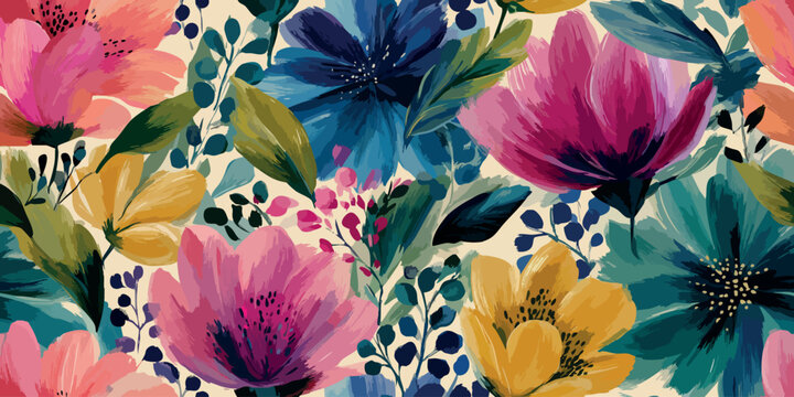 Vibrant vector floral repeating pattern of hand-painted flowers in pink, teal, peach, and yellow for design, statement fabrics, home decor, and fashion branding