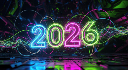Bright neon new year 2026 celebration futuristic lighting display