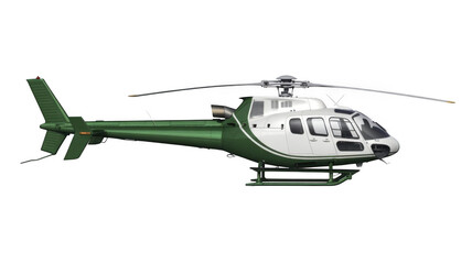 Green and white helicopter isolated on a transparent background aircraft rotor