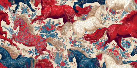 Elegant vector pattern with elaborate horses and floral details in red, cream, and navy blue, perfect for design, traditional textiles, and sophisticated home decor