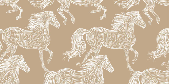 Artistic repeating pattern of flowing line-art horses in white on a warm, neutral beige background for design, elegant fabrics, and minimalist equestrian branding