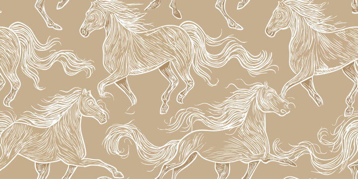 Fototapeta Artistic repeating pattern of flowing line-art horses in white on a warm, neutral beige background for design, elegant fabrics, and minimalist equestrian branding