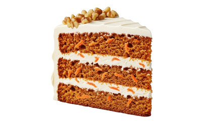Slice of delicious carrot cake with cream cheese frosting and nuts isolated on transparent background