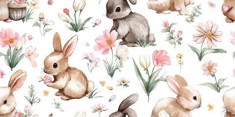 Obraz premium Whimsical Easter pattern featuring cute cartoon bunnies in various colors with charming spring flowers and gardening elements for children's fabrics and cheerful stationery