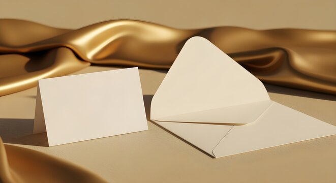 Two white cards and an envelope on a gold surface with shiny fabric - Powered by Adobe