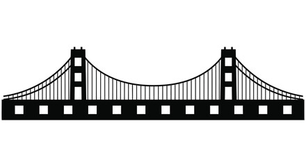 A striking black and white illustration depicting the iconic golden gate bridge structure silhouette