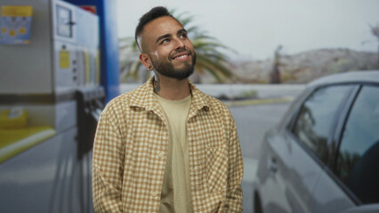 Man smiling beside car near petrol pumps at a street gas station, looking up slightly with relaxed posture  road trip contentment. © Krakenimages.com
