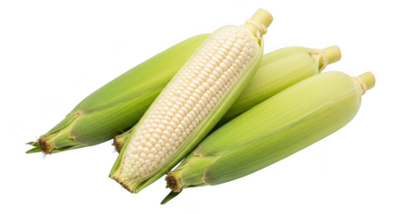 Three ears of corn with one husked to show white kernels on transparent background