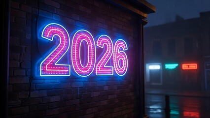 Vibrant glowing neon sign displaying the future year 2026 illuminates a dark, wet city street at night creating anticipation