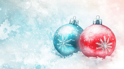 Colorful Christmas ornaments in red and blue on snowy background for holiday decorations and festive spirit