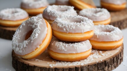 Delicious coconut glazed donuts stacked on wood slice