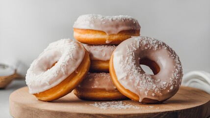 Delicious coconut glazed donuts stacked on wood slice