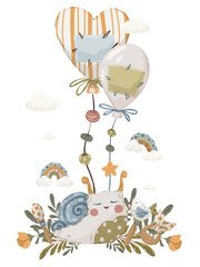 Newborn baby objects composition, hand-drawn vector illustration with rompers, snail, balloons, and rattle for baby announcements and kids’ art.