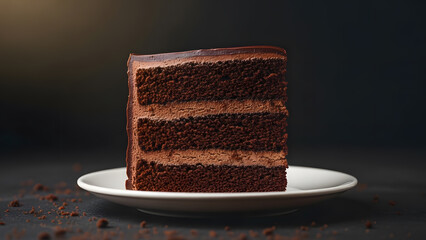 A delicious slice of chocolate cake on a white plate against a dark background with crumbs scattered around