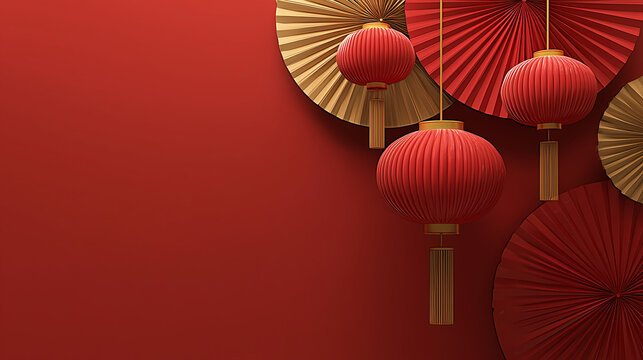 Chinese New Year background, red gradient, red lanterns with fan-shaped decorations, modern festive design. vector style, suitable for presentation or banner.