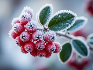Closeup of bright red winter berry cluster covered in delicate white frost and ice crystals on a branch with green leaf