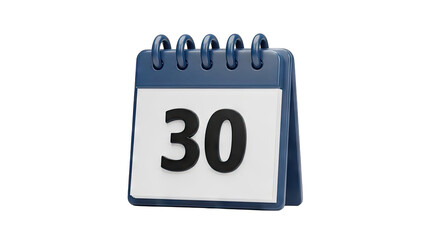 A 3D Rendered Image of a Desk Calendar Showing the 30th Day on a Transparent Background