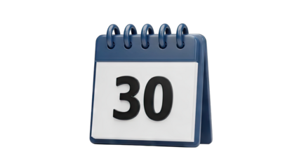 A 3D Rendered Image of a Desk Calendar Showing the 30th Day on a Transparent Background