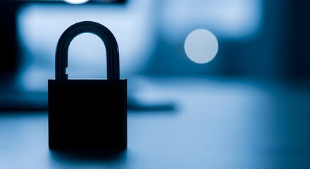 Fototapeta premium A close-up view of a padlock on a desk in a dark room with a computer.