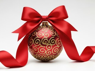 Close up of a shiny red christmas ornament decorated with gold swirl pattern and tied with a large satin red bow, isolated on white background