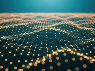 Abstract digital network grid surface with glowing orange dot connection point creating a wavy futuristic technology data structure