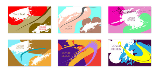 Paint strokes and geometric elements. Set of 6 multi-colored backgrounds. Notebook or notebook cover design