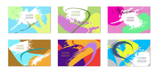 Multicolored background. Paint strokes and geometric elements. Notebook or notebook cover design. Set of 6 backgrounds. Unusual creative vector background.