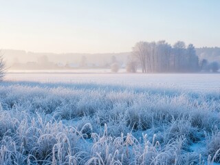 Frost covered winter field with tall grass leading towards a distant line of trees under a pale morning sky