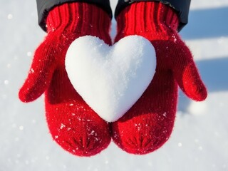 Hands in red knitted mittens holding a heart shape made of white snow outdoors in winter