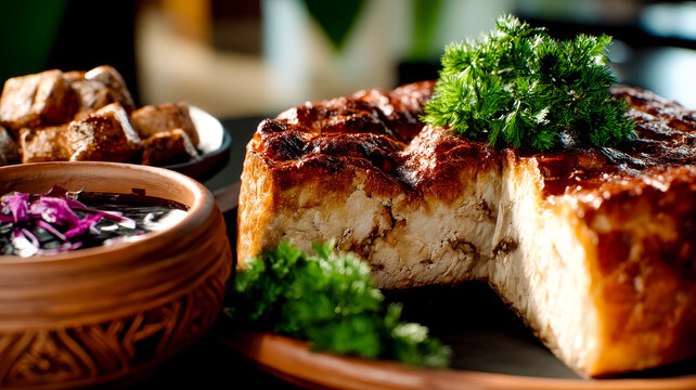 Baked savory meat pie with a slice cut out with dark sauce and herbs.