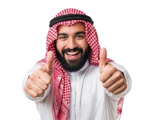 Bearded arab man in traditional ghutra and thobe smiling and giving two thumbs up gesture isolated on white background