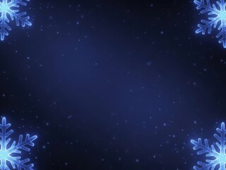 Glowing blue neon snowflake border frame on a dark blue background with falling snow particle effect for winter