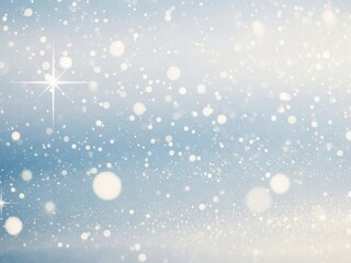 Abstract background of falling snow, sparkling light effect, and bokeh circles in soft blue and white winter atmosphere