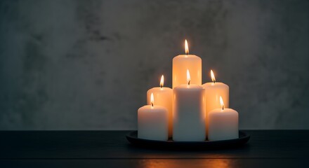 A serene arrangement of five lit white candles on a dark table indoors.