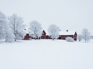 Red farmhouse and barn surrounded by snowcovered trees and field during harsh winter day with overcast sky