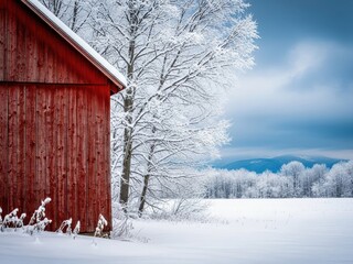 Vibrant red barn stands next to snowcovered trees in a winter landscape under a dramatic blue sky